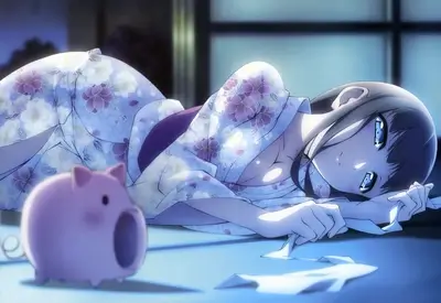 Girl in yukata lying down sadly