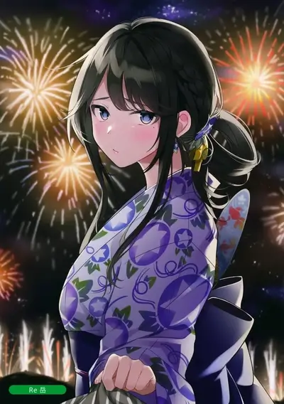 Girl in yukata watching fireworks