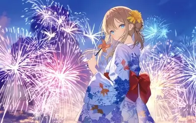 Girl in yukata watching fireworks