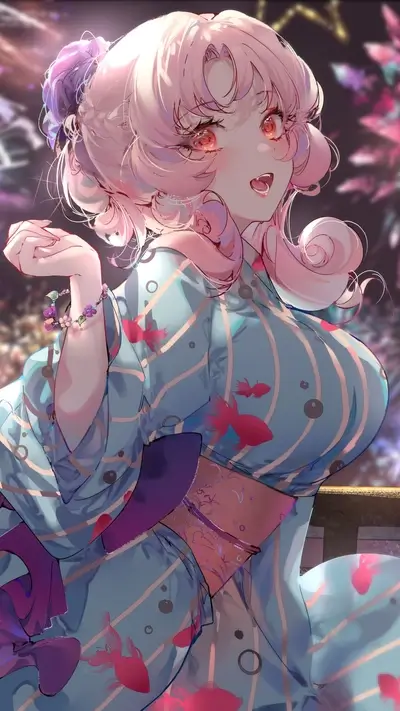 Girl in yukata with goldfish print, summer festival background