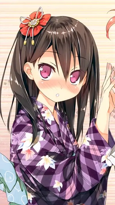 Girl in yukata with red flower hair accessory