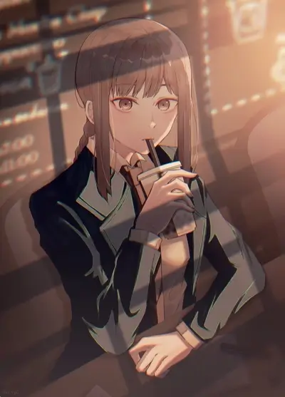 Girl is sitting in a coffee shop drinking boba tea