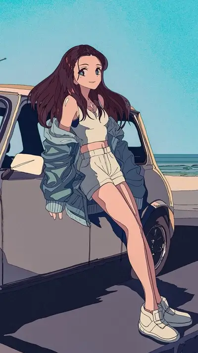 Girl leaning on vintage car near beach