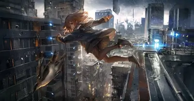 Girl leaps across buildings in a rainy city