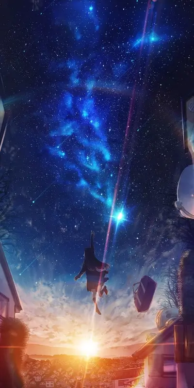Girl leaps towards a starry night sky