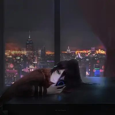 Girl listening to music by a window overlooking a city at night