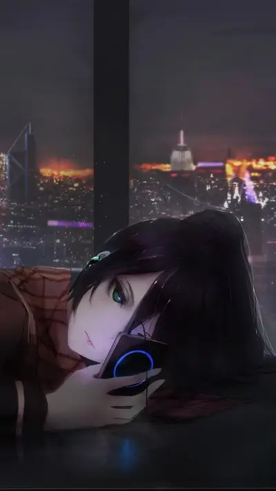 Girl listening to music by the window