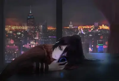Girl listening to music, city view