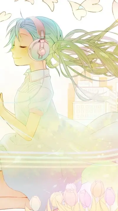 Girl listening to music in a dreamy landscape