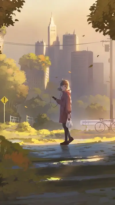 Girl listening to music in autumnal city