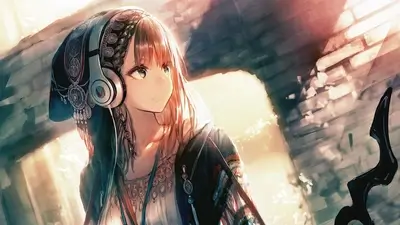 Girl listening to music near a stone building