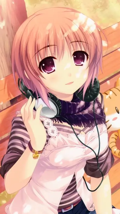 Girl listening to music on a bench
