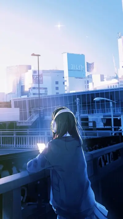 Girl listening to music on a bridge overlooking city