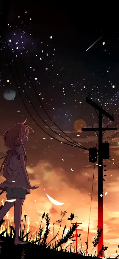 Girl looking at the sunset under the starry sky