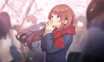 Girl looking up in cherry blossoms