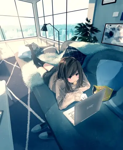 Girl lying on a couch, working on her laptop in a high rise