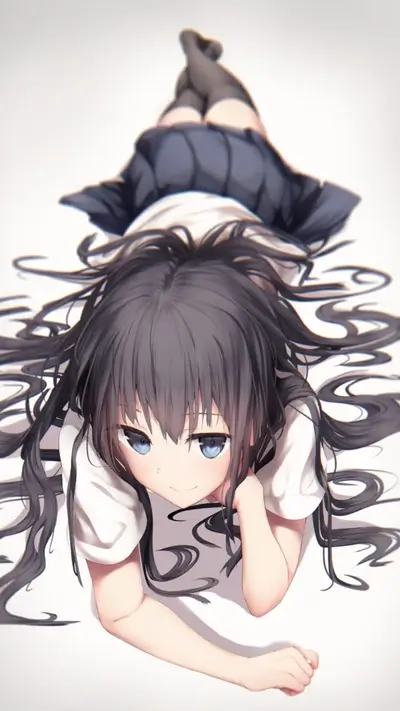 Girl lying on her back, long hair spread