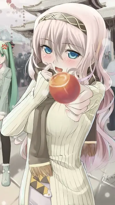 Girl offering a candy in a winter scene
