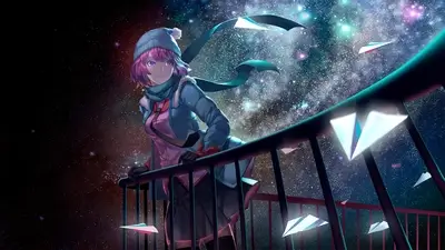 Girl on a bridge under starry night sky