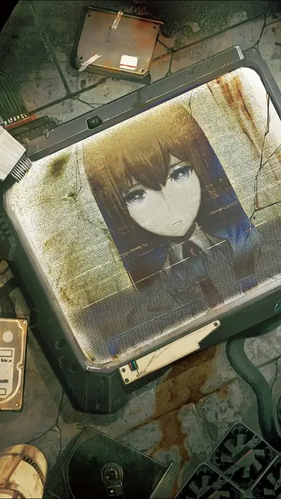 Girl on a damaged screen surrounded by old tech