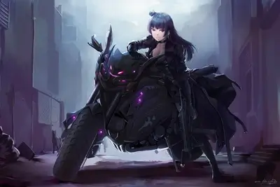 Girl on a futuristic motorcycle in a dark alley