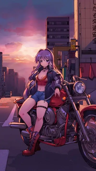 Girl on a motorcycle at sunset in a city