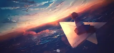 Girl on a paper plane, sunset sky