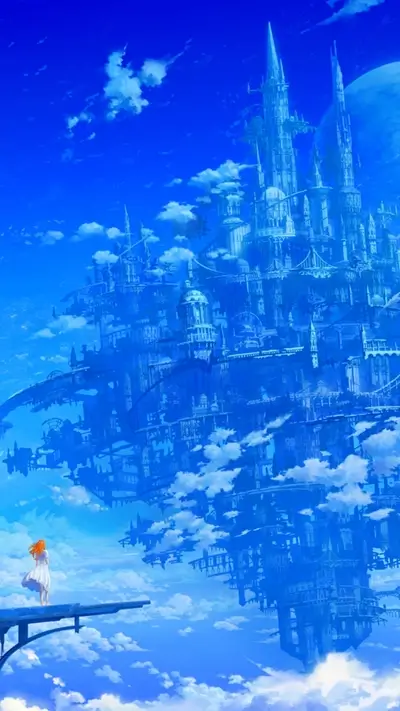 Girl on a platform overlooking a floating city