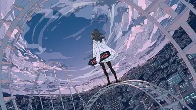 Girl on a rollercoaster overlooking a city at dusk