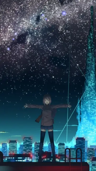 Girl on a rooftop under a starry night