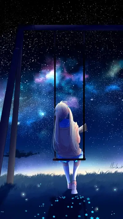 Girl on a swing looking at the night sky