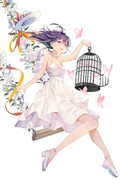 Girl on a swing with a birdcage releasing butterflies.