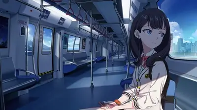 Girl on a train looking out the window