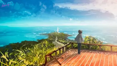 Girl on a wooden deck overlooking the ocean