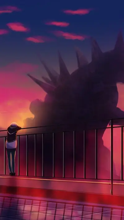 Girl on balcony watching giant monster at sunset