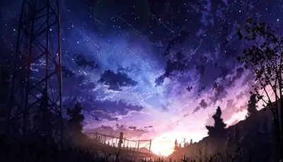 Girl on bridge under starry night sky