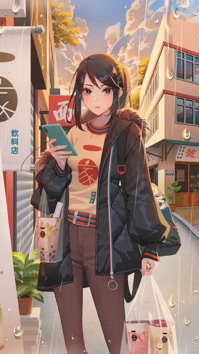 Girl on city street, holding bubble tea, checking phone.