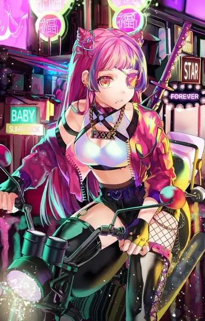 Girl on motorcycle in neon city