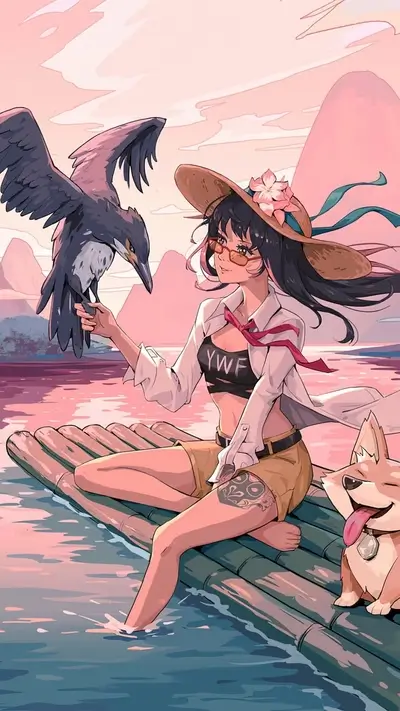 Girl on raft with bird, dog, mountains, hat and pinkish sky