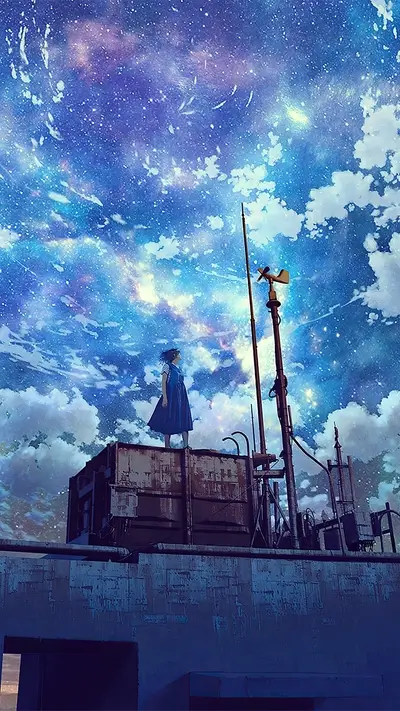 Girl on rooftop gazing at starry night sky