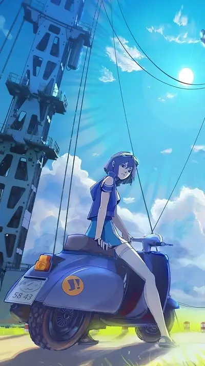 Girl on scooter, industrial tower and bright sky with clouds