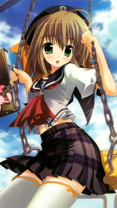 Girl on swing wearing school uniform, holding a book and toy.