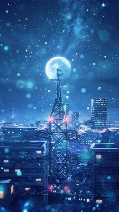 Girl on tower under a full moon, cityscape