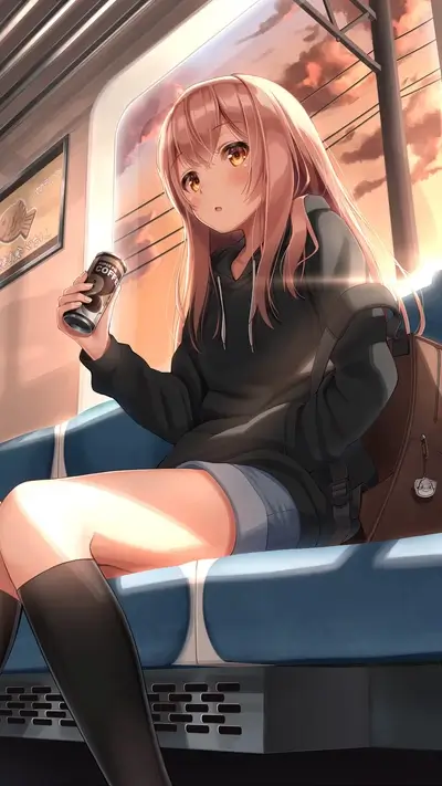 Girl on train holding a coffee