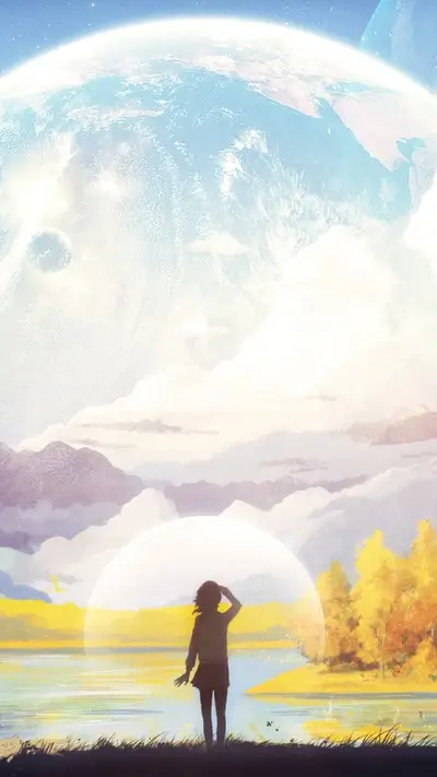 Girl overlooking a serene landscape