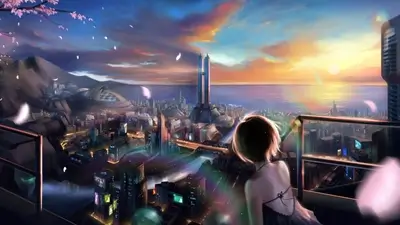 Girl overlooking futuristic city at sunset