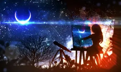 Girl painting a crescent moon under starry night