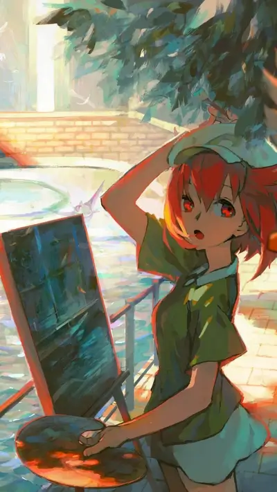 Girl painting by the water