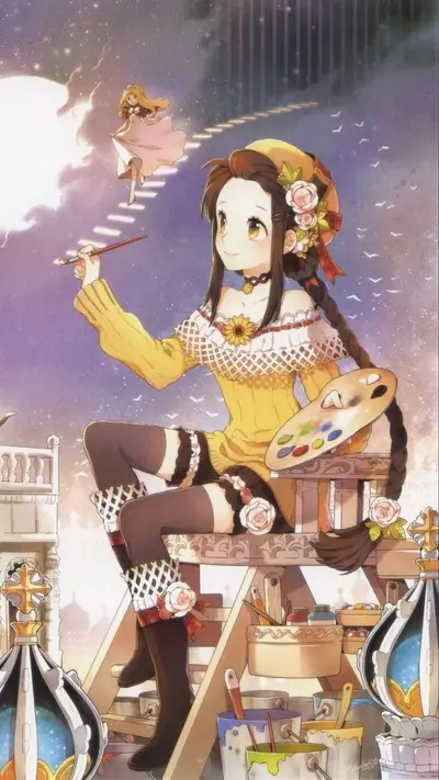 Girl painting on a rooftop, a fairy ascending a moonlit staircase