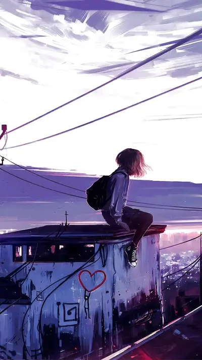 Girl perched atop a building, gazing at a city bathed in twilight's embrace